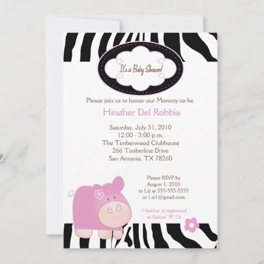 Roze Hippo Zebra Stripe Baby shower Kaart (Voorkant)