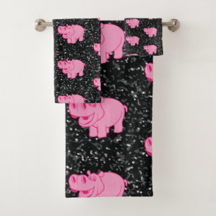 Roze Hippos Cute Hippopotamus Smilling Face Bad Handdoek