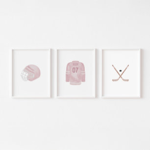 Roze hockey aangepaste naam muur kunst set van 3