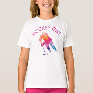 Roze hockey Girl Waterverf T-Shirt