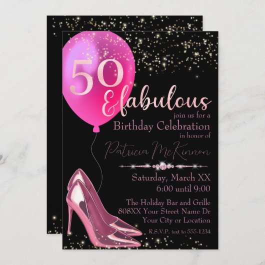 Roze Hoge Hak Stilettos 50e Verjaardag Uitnodiging (Voorkant / Achterkant)