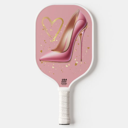 Roze hoge hakken met gouden harten | pickleball paddle (Voorkant)