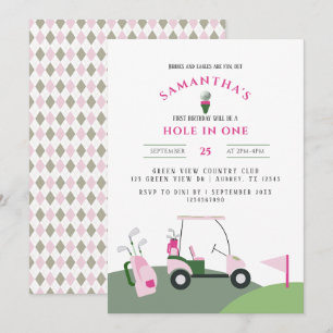 Roze Hole in One Golf 1e Verjaardag Par-t-shirt Kaart