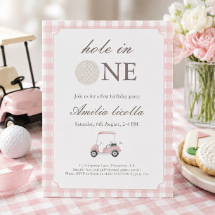 Roze 'Hole in One' golf verjaardagsuitnodiging Kaart