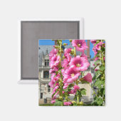 Roze hollyhocbloemen briefkaart vierkant sticker T Magneet (Voorkant / Achterkant)
