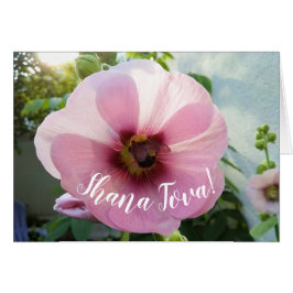 Roze Hollyhock Flower met Bee Rosh Hashanah Kaart