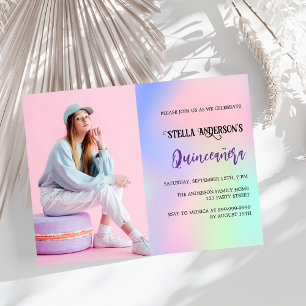 Roze holografische foto Quinceanera uitnodiging