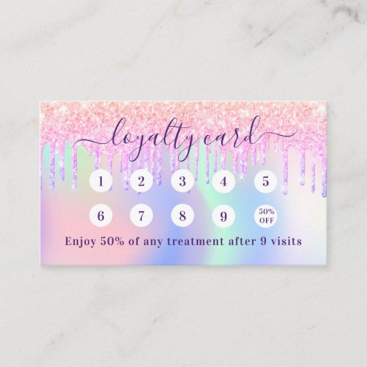 Roze holografische glitter druppelt qr code loyalt visitekaartje (Voorkant)