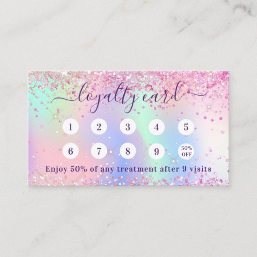 Roze holograpische glitter qr coloyaliteitenkaart visitekaartje (Voorkant)