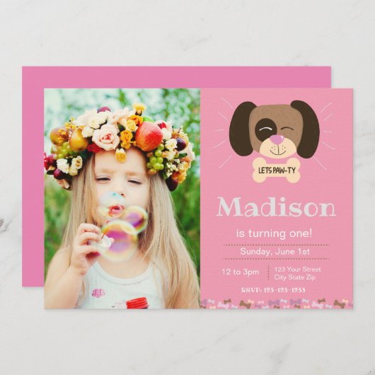 Roze hond Pawty Verjaardag Uitnodiging (Voorkant / Achterkant)