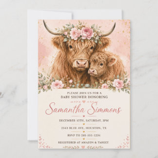 Roze Hoogland Koe Baby Shower Uitnodiging