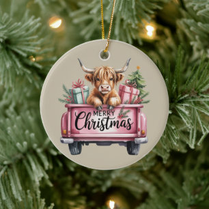 Roze Hoogland Koe Kerst Meisjesachtige Fluffy Koe Keramisch Ornament