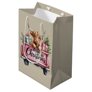 Roze Hoogland Koe Kerst Meisjesachtige Fluffy Koe Medium Cadeauzakje