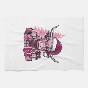 Roze Hoogland Koe Kerstcadeaus Vintage Kunst_1 Theedoek