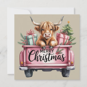 Roze Hooglandkoe Kerst Meisjesachtige Fluffy Koe I Feestdagenkaart