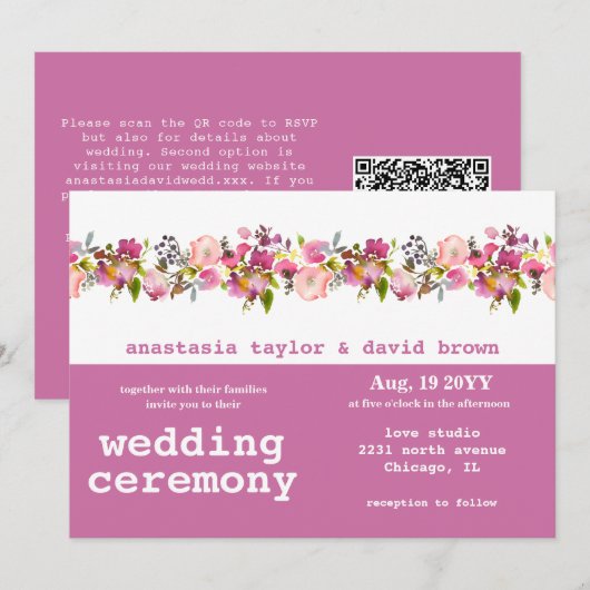 Roze horizontale QR Code Wedding Invitation Kaart (Voorkant / Achterkant)