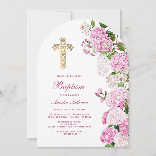 Roze hortensia boog doop kaart (Voorkant)