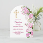 Roze hortensia boog doop kaart (Staand voorkant)