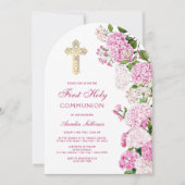 Roze hortensia boog eerste communie kaart (Voorkant)