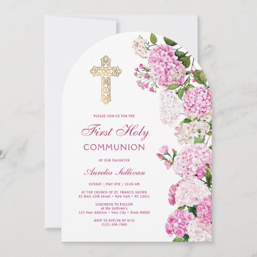 Roze hortensia boog eerste communie kaart (Voorkant)