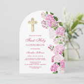 Roze hortensia boog eerste communie kaart (Staand voorkant)