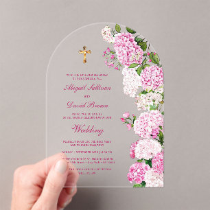 Roze Hortensia Boog Religieuze Trouwdag Acryl Uitnodigingen