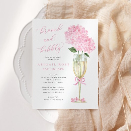 Roze hortensia brunch en bubbelige gouden champagn kaart