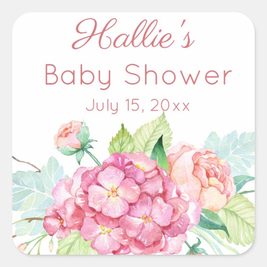 Roze hortensia & pioen Baby Shower Bedankt Vierkante Sticker (Voorkant)