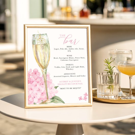 Roze hortensia's en gouden glazen bar Menu Poster