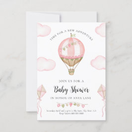 Roze Hot Air ballonvaarder Baby shower Invitation Kaart