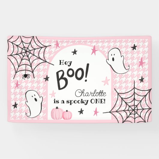 Roze Houndstooth Halloween Eerste Verjaardag Hey B Spandoek (Horizontaal)