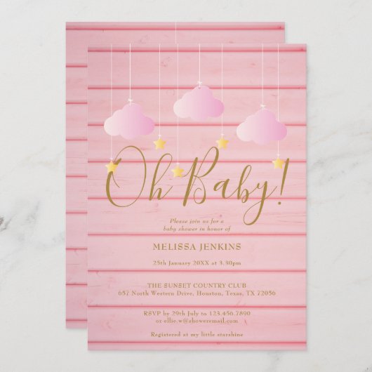 Roze Hout Twinkle Twinkle Oh Baby Baby Shower Kaart (Voorkant / Achterkant)