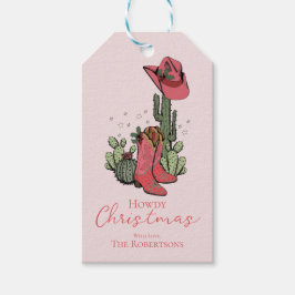 Roze Howdy Kerst Cowgirl Laarzen en Cactussen Cadeaulabel