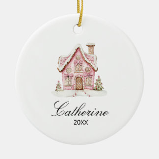 Roze huis van peperkoek Kerstmis Aangepaste naam Keramisch Ornament