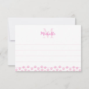 Roze huisdierpootafdrukken Bewerkbaar monogram Sch Notitiekaartje