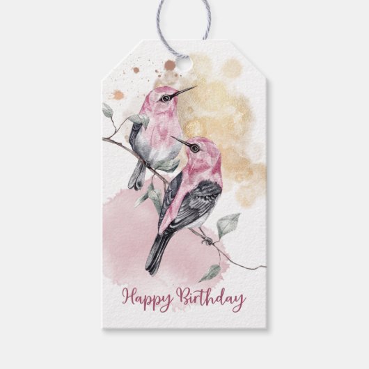 Roze Hummingvogels Happy Birthday Cadeaulabel (Voorkant)