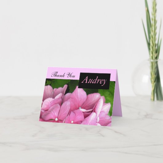 Roze Hydrangea Bedankkaart met Naam (Voorkant)