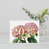 Roze Hydrangea Bloem Gelukkig Nieuwjaar 2025 Goud Folie Feestdagen Briefkaart (Staand Voorkant)