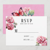 Roze Hydrangea Bloemen Vlinder Bruiloft RSVP Kaart (Voorkant / Achterkant)