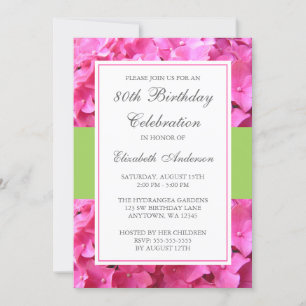 Roze Hydrangea Border Green 80ste Verjaardagsfeest Kaart