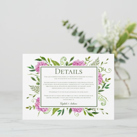Roze Hydrangea bruiloft details Informatiekaartje (Staand voorkant)