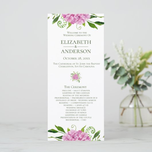 Roze Hydrangea Bruiloft Programma (Staand voorkant)