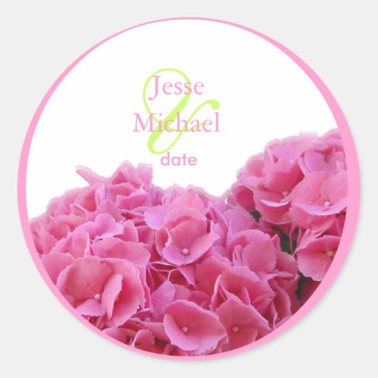 Roze Hydrangea bruiloft stickers, aangepaste trim Ronde Sticker (Voorkant)