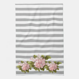 Roze hydrangea Gray Stripe Kitchen Towel Theedoek
