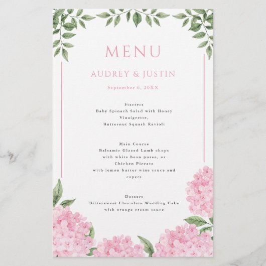 Roze Hydrangea Ingelijste Rand Trouwpapier Menu (Voorkant)