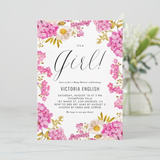 Roze Hydrangea Meisje Baby Shower Kaart (Staand voorkant)