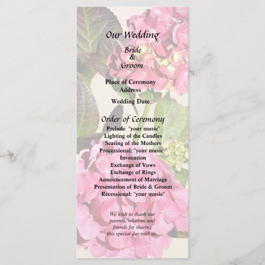 Roze hydrangea met lederweddenschap programma (Voorkant)