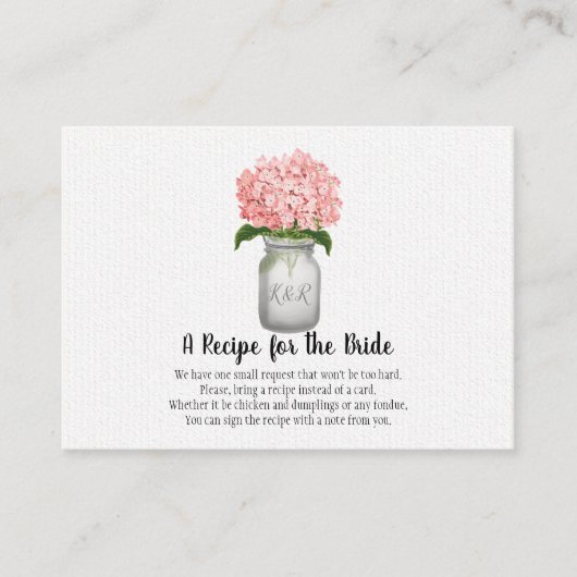 Roze hydrangea Monogram Mason Jar Recipe Request Visitekaartje (Voorkant)