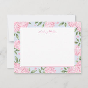 Roze Hydrangea Rand Blauw Gepersonaliseerd Notitiekaartje