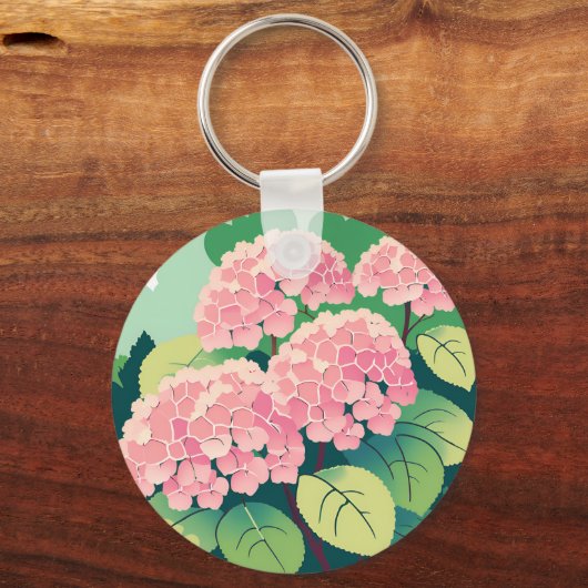 Roze Hydrangea Struik Briefkaart Sleutelhanger (Achterkant)